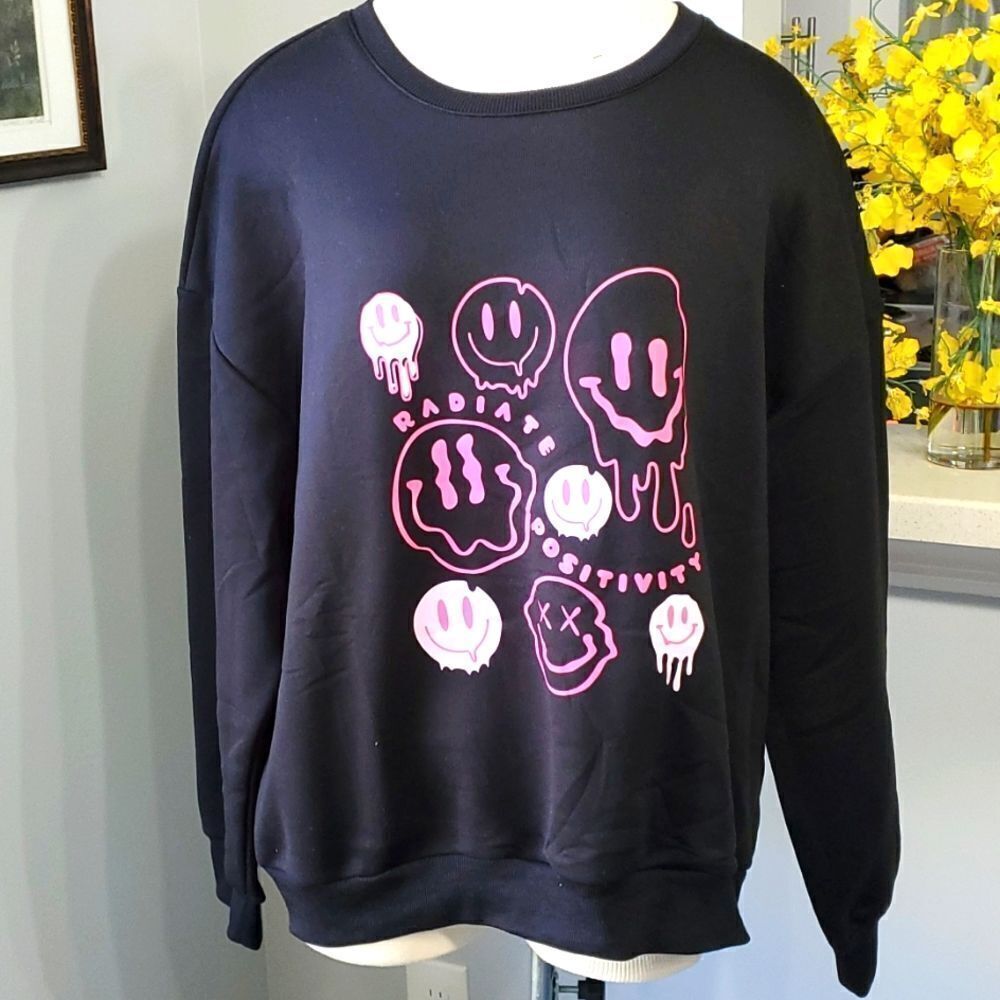 NWOT, EMOJ BLACK SWEATSHIRTS‎ 2. Size large no makers tag. Pink smileys.